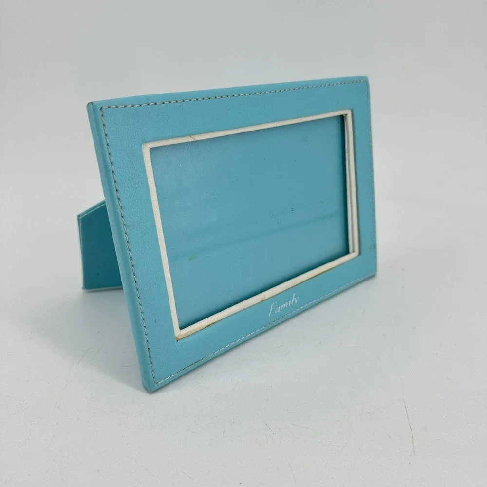 Sola Turquoise Blue Leather Family Picture Frame with White Border Stitched